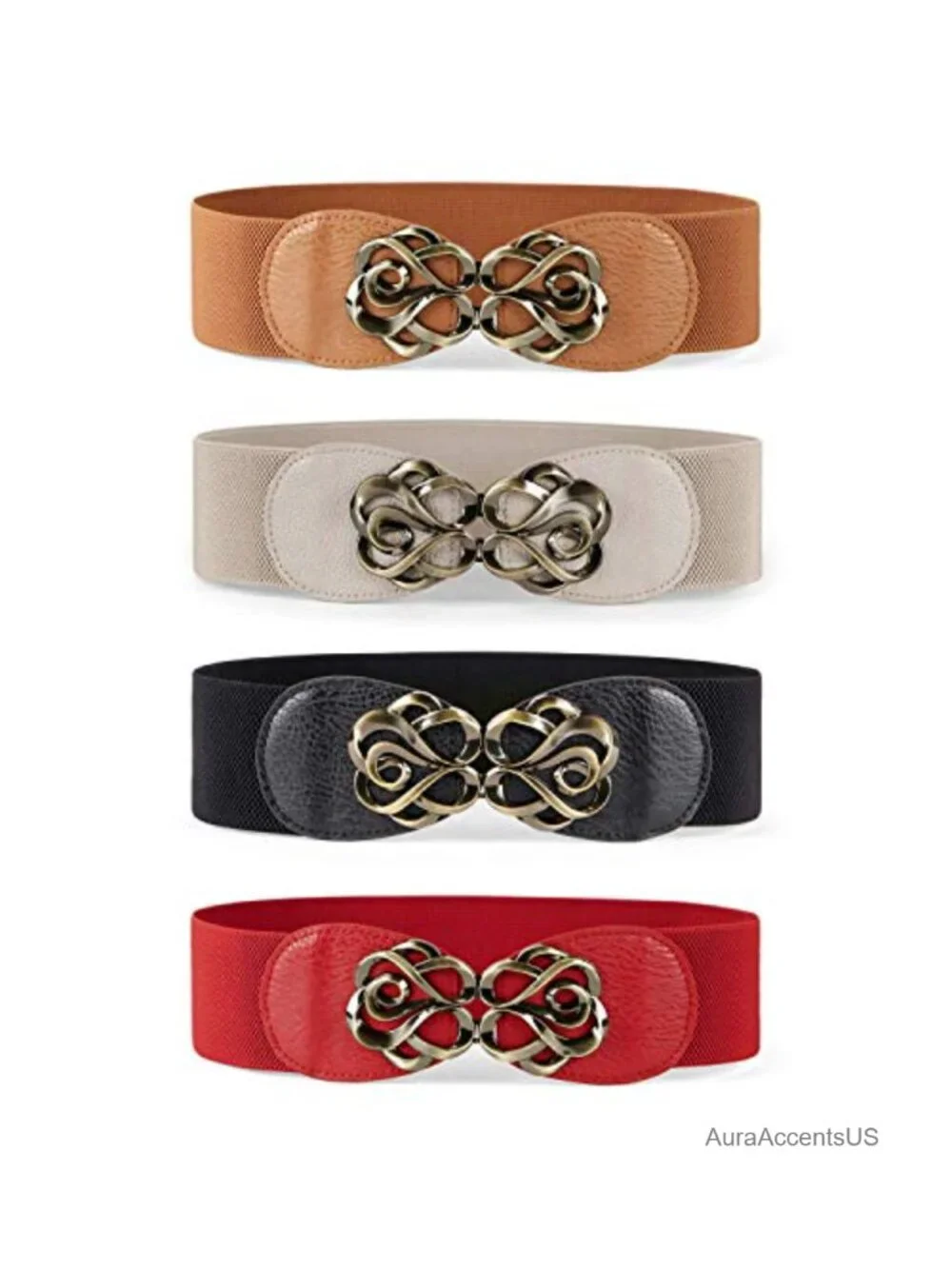 4 Pack Stretchy Elastic Wide Waist Belts with Antique Brass Buckles 2.36